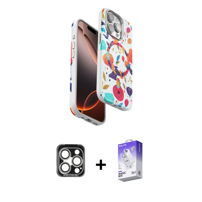MARSİLYAN™- iPhone 15 Pro Max Kılıf Siluet Doku - Siyah Bilvis 5in1 3D Magic Cam Ekran Koruyucu + PVD Metal Kamera Lens - GS