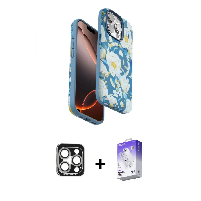 MARSİLYAN™- iPhone 15 Pro Max Kılıf Siluet Doku - Siyah Bilvis 5in1 3D Magic Cam Ekran Koruyucu + PVD Metal Kamera Lens - GS