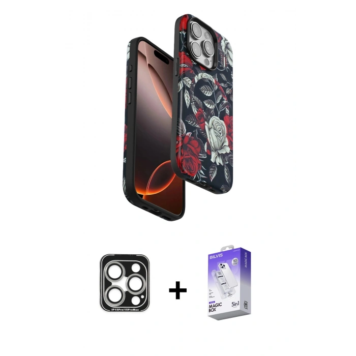 MARSİLYAN™- iPhone 15 Pro Max Kılıf Siluet Doku - Siyah Bilvis 5in1 3D Magic Cam Ekran Koruyucu + PVD Metal Kamera Lens - GS