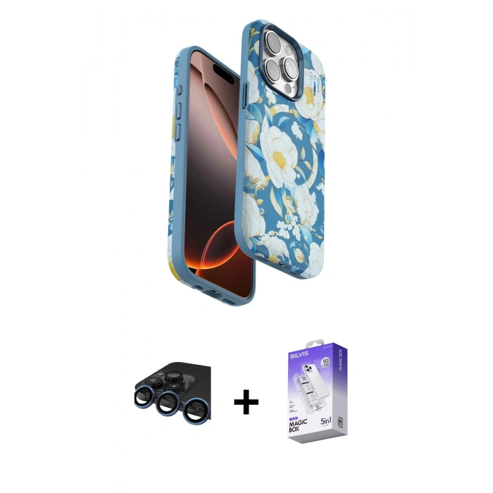 MARSİLYAN™- iPhone 15 Pro Max Kılıf Siluet Doku - Siyah Bilvis 5in1 3D Magic Cam Ekran Koruyucu + Lacivert Raze Metal Kamera Lens