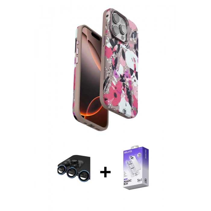 MARSİLYAN™- iPhone 15 Pro Max Kılıf Siluet Doku - Siyah Bilvis 5in1 3D Magic Cam Ekran Koruyucu + Lacivert Raze Metal Kamera Lens