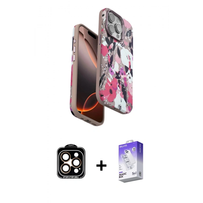 MARSİLYAN™- iPhone 15 Pro Max Kılıf Siluet Doku - Siyah Bilvis 5in1 3D Magic Cam Ekran Koruyucu + PVD Metal Kamera Lens - TU