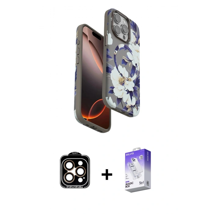 MARSİLYAN™- iPhone 15 Pro Max Kılıf Siluet Doku - Siyah Bilvis 5in1 3D Magic Cam Ekran Koruyucu + PVD Metal Kamera Lens - TU