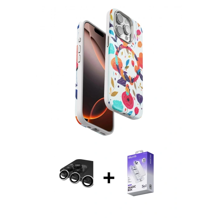 MARSİLYAN™- iPhone 15 Pro Max Kılıf Siluet Doku - Siyah Bilvis 5in1 3D Magic Cam Ekran Koruyucu + Raze Metal Kamera Lens - GS