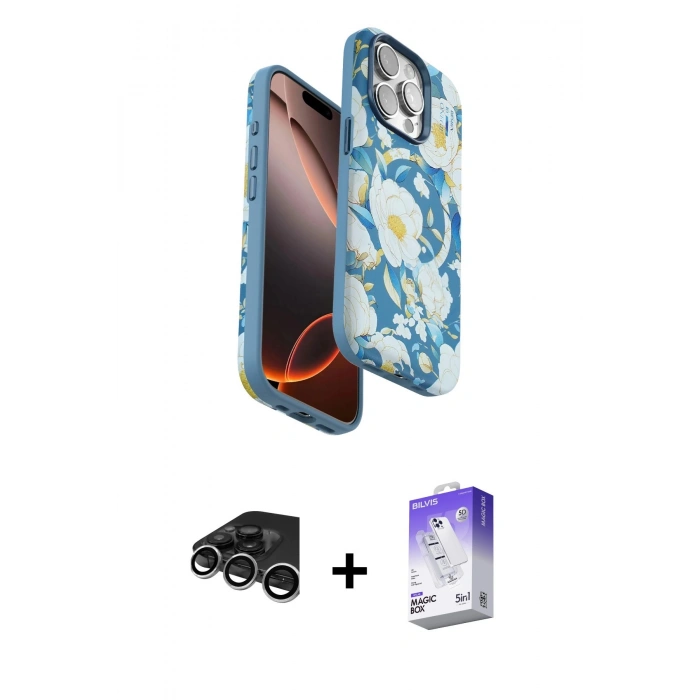 MARSİLYAN™- iPhone 15 Pro Max Kılıf Siluet Doku - Siyah Bilvis 5in1 3D Magic Cam Ekran Koruyucu + Raze Metal Kamera Lens - GS