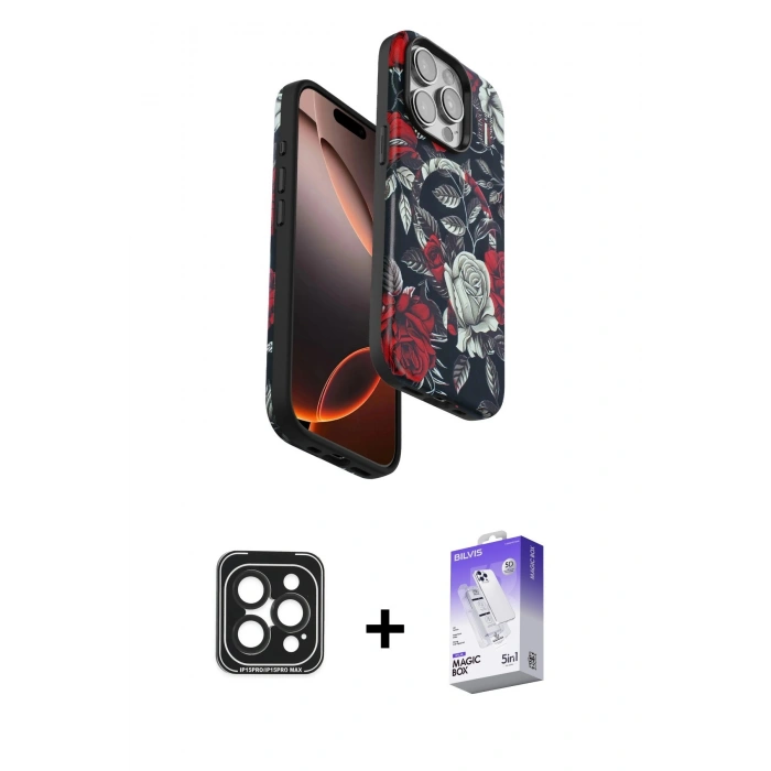 MARSİLYAN™- iPhone 15 Pro Max Kılıf Siluet Doku - Siyah Bilvis 5in1 3D Magic Cam Ekran Koruyucu + PVD Metal Kamera Lens - SH