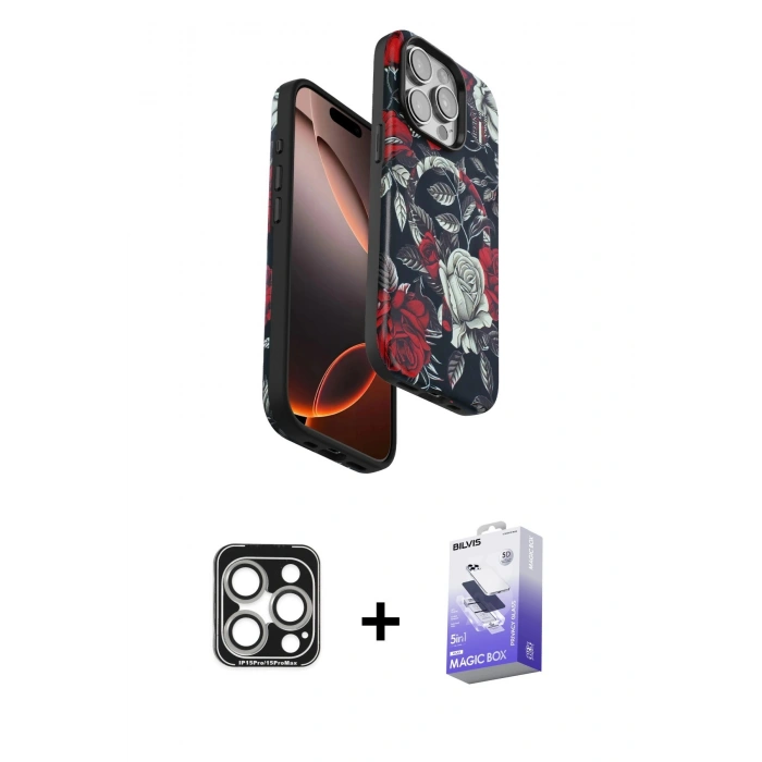 MARSİLYAN™- iPhone 15 Pro Max Kılıf Siluet Doku - Siyah Bilvis 5in1 5D Magic Hayalet Cam Ekran Koruyucu + PVD Metal Kamera Lens - GS