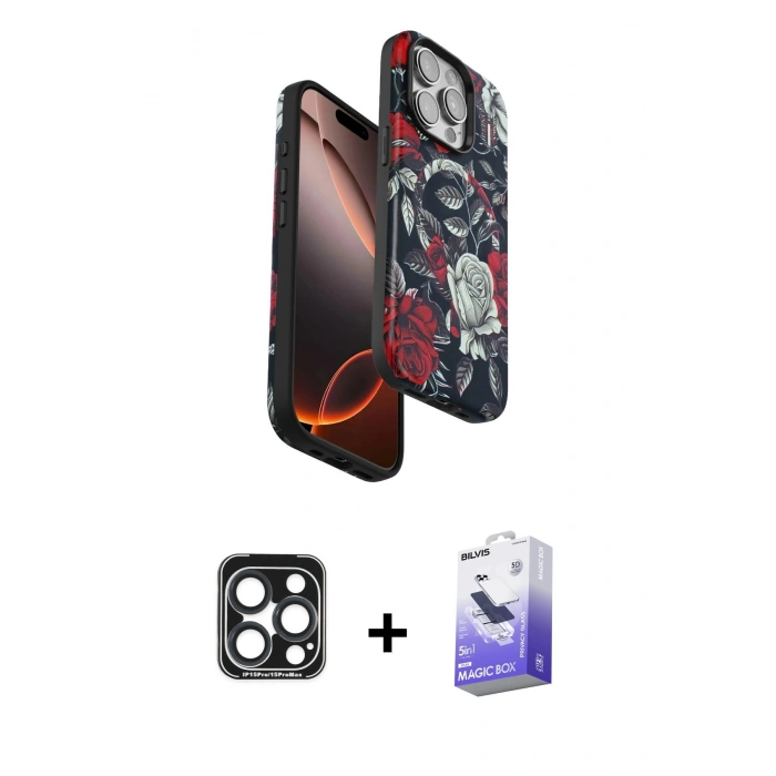 MARSİLYAN™- iPhone 15 Pro Max Kılıf Siluet Doku - Siyah Bilvis 5in1 5D Magic Hayalet Cam Ekran Koruyucu + PVD Metal Kamera Lens - LT