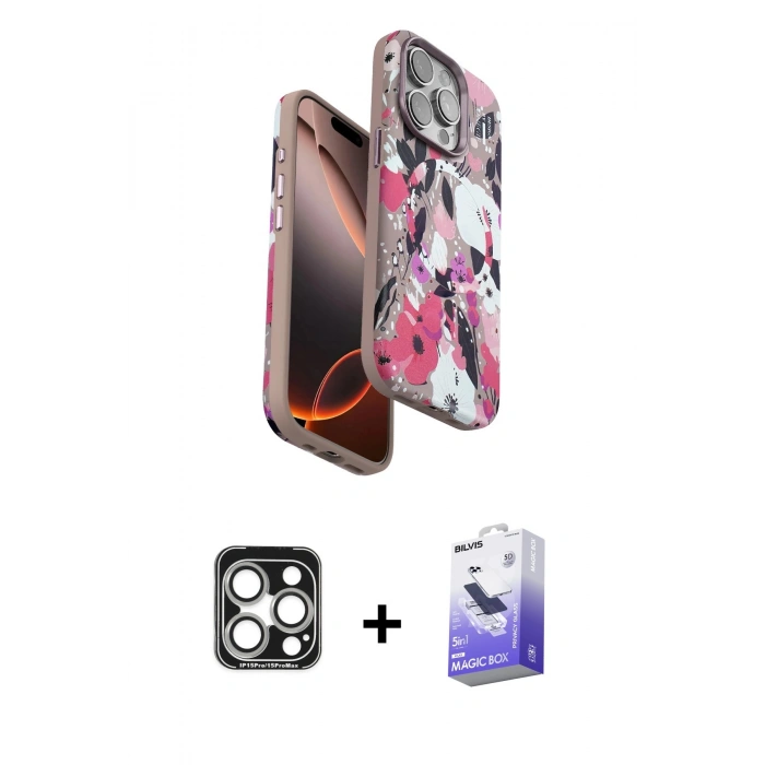 MARSİLYAN™- iPhone 15 Pro Max Kılıf Siluet Doku - Siyah Bilvis 5in1 5D Magic Hayalet Cam Ekran Koruyucu + PVD Metal Kamera Lens - GS