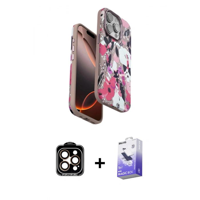 MARSİLYAN™- iPhone 15 Pro Max Kılıf Siluet Doku - Siyah Bilvis 5in1 5D Magic Hayalet Cam Ekran Koruyucu + PVD Metal Kamera Lens - TU