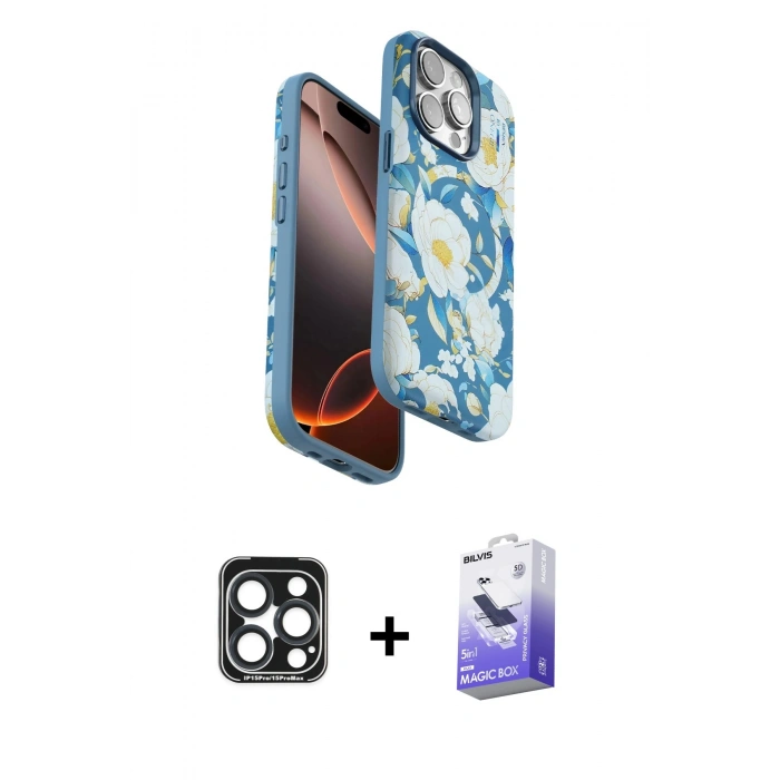 MARSİLYAN™- iPhone 15 Pro Max Kılıf Siluet Doku - Siyah Bilvis 5in1 5D Magic Hayalet Cam Ekran Koruyucu + PVD Metal Kamera Lens - LT