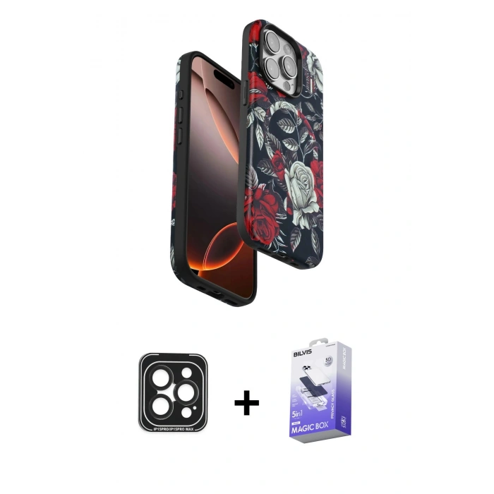 MARSİLYAN™- iPhone 15 Pro Max Kılıf Siluet Doku - Siyah Bilvis 5in1 5D Magic Hayalet Cam Ekran Koruyucu + PVD Metal Kamera Lens - SH