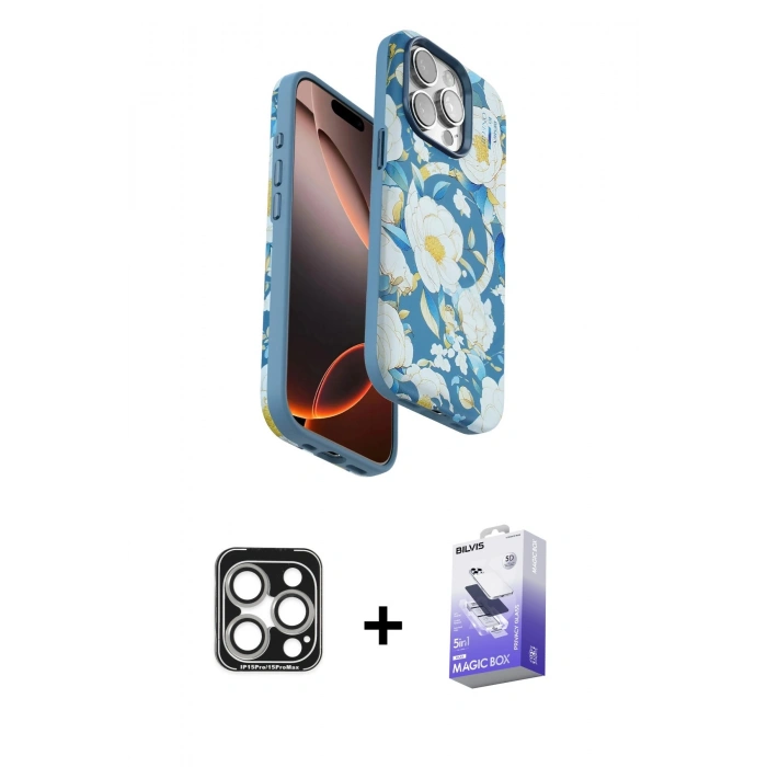 MARSİLYAN™- iPhone 15 Pro Max Kılıf Siluet Doku - Siyah Bilvis 5in1 5D Magic Hayalet Cam Ekran Koruyucu + PVD Metal Kamera Lens - GS