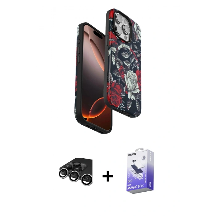MARSİLYAN™- iPhone 15 Pro Max Kılıf Siluet Doku - Siyah Bilvis 5in1 5D Magic Hayalet Cam Ekran Koruyucu + Gümüş Raze Metal Kamera Lens