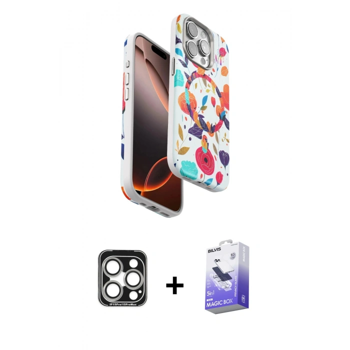MARSİLYAN™- iPhone 15 Pro Max Kılıf Siluet Doku - Siyah Bilvis 5in1 5D Magic Hayalet Cam Ekran Koruyucu + PVD Metal Kamera Lens - GS