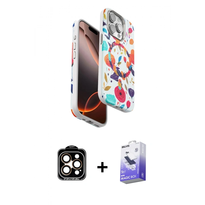 MARSİLYAN™- iPhone 15 Pro Max Kılıf Siluet Doku - Siyah Bilvis 5in1 5D Magic Hayalet Cam Ekran Koruyucu + PVD Metal Kamera Lens - TU