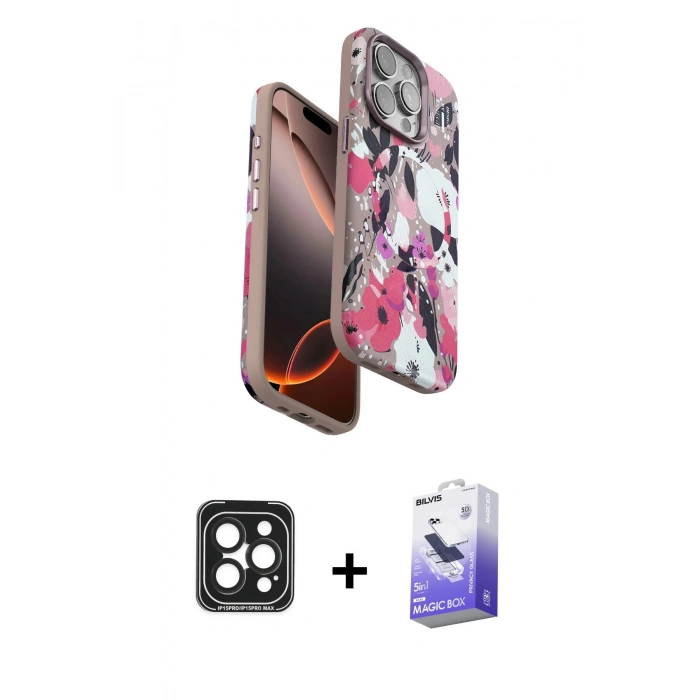 MARSİLYAN™- iPhone 15 Pro Max Kılıf Siluet Doku - Siyah Bilvis 5in1 5D Magic Hayalet Cam Ekran Koruyucu + PVD Metal Kamera Lens - SH