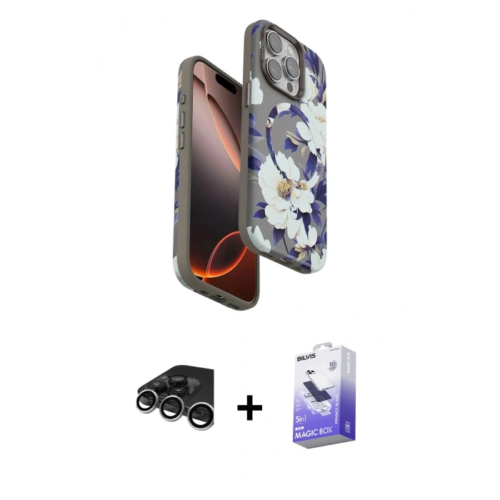 MARSİLYAN™- iPhone 15 Pro Max Kılıf Siluet Doku - Siyah Bilvis 5in1 5D Magic Hayalet Cam Ekran Koruyucu + Gümüş Raze Metal Kamera Lens