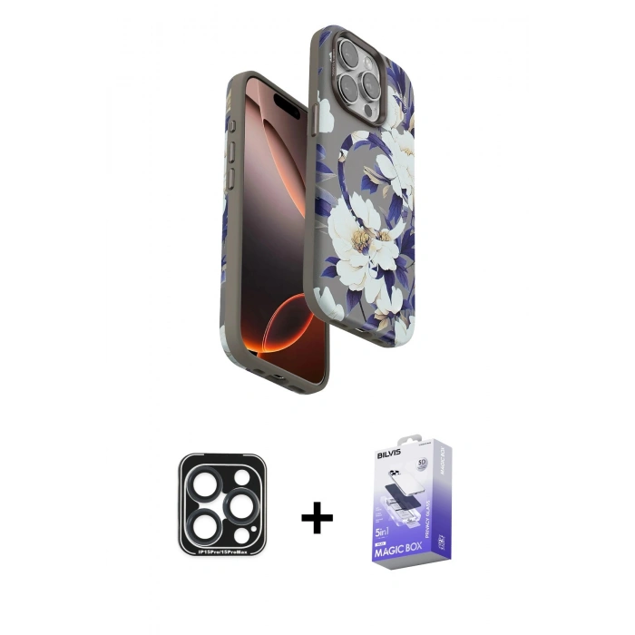 MARSİLYAN™- iPhone 15 Pro Max Kılıf Siluet Doku - Siyah Bilvis 5in1 5D Magic Hayalet Cam Ekran Koruyucu + PVD Metal Kamera Lens - LT