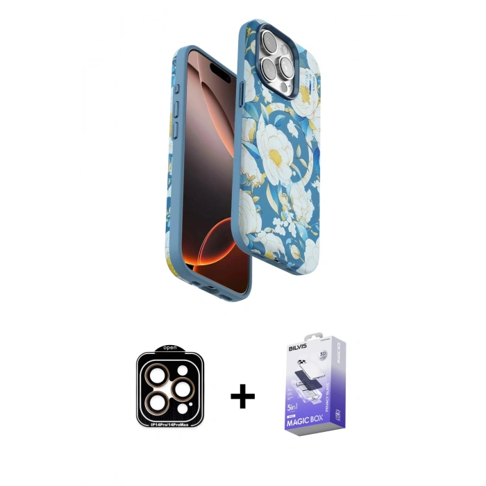 MARSİLYAN™- iPhone 15 Pro Max Kılıf Siluet Doku - Siyah Bilvis 5in1 5D Magic Hayalet Cam Ekran Koruyucu + PVD Metal Kamera Lens - TU