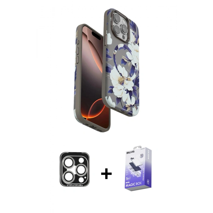 MARSİLYAN™- iPhone 15 Pro Max Kılıf Siluet Doku - Siyah Bilvis 5in1 5D Magic Hayalet Cam Ekran Koruyucu + PVD Metal Kamera Lens - GS