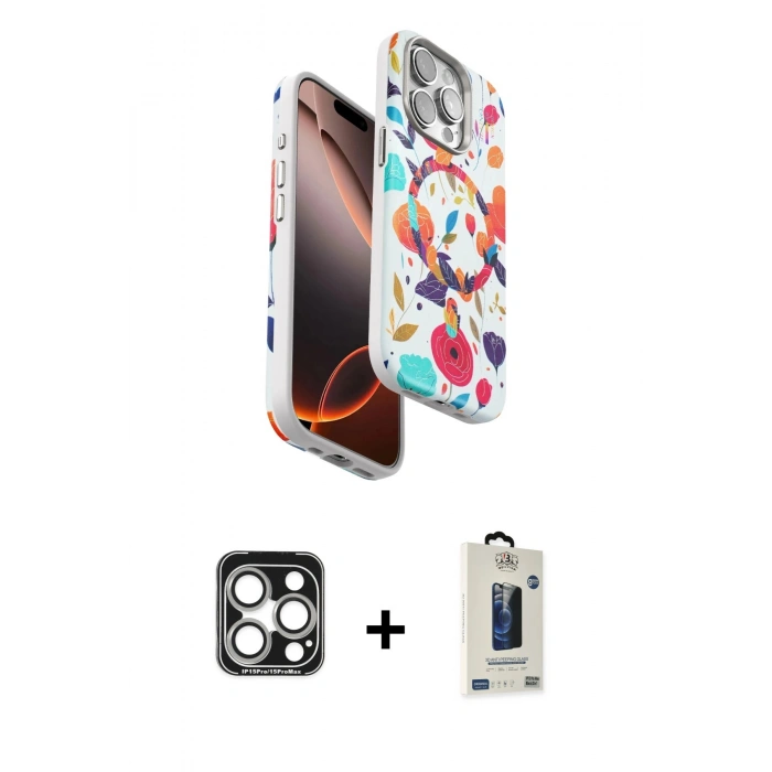 MARSİLYAN™- iPhone 15 Pro Max Kılıf Siluet Doku - Siyah Bilvis Hayalet Cam Ekran Koruyucu + PVD Metal Kamera Lens - GS