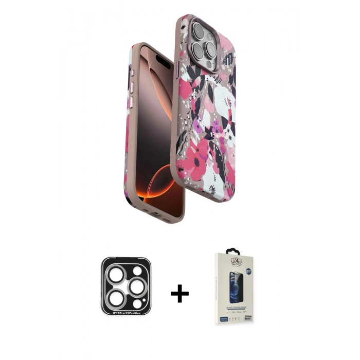 MARSİLYAN™- iPhone 15 Pro Max Kılıf Siluet Doku - Siyah Bilvis Hayalet Cam Ekran Koruyucu + PVD Metal Kamera Lens - GS
