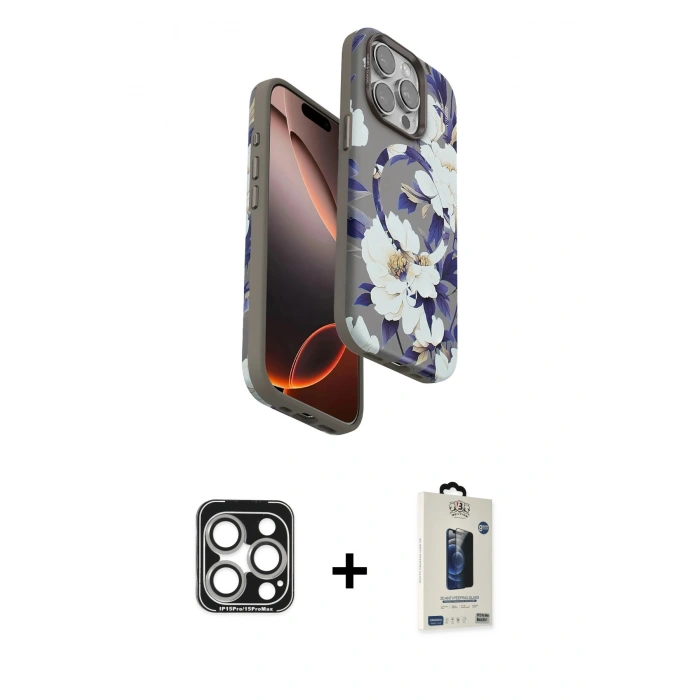 MARSİLYAN™- iPhone 15 Pro Max Kılıf Siluet Doku - Siyah Bilvis Hayalet Cam Ekran Koruyucu + PVD Metal Kamera Lens - GS