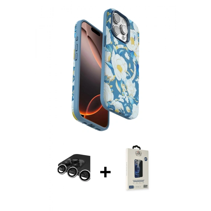 MARSİLYAN™- iPhone 15 Pro Max Kılıf Siluet Doku - Siyah Bilvis Hayalet Cam Ekran Koruyucu + Gümüş Raze Metal Kamera Lens