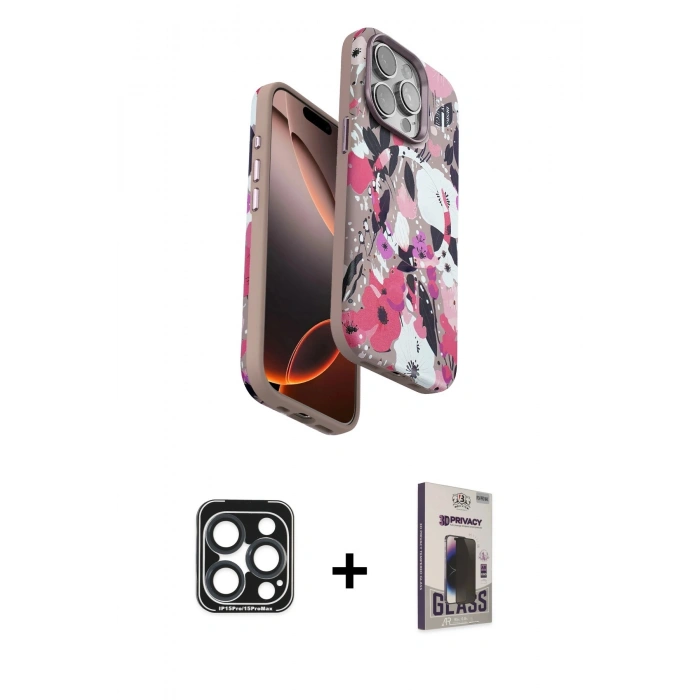 MARSİLYAN™- iPhone 15 Pro Max Kılıf Siluet Doku - Siyah Bilvis Hayalet Cam Ekran Koruyucu + PVD Metal Kamera Lens - LT