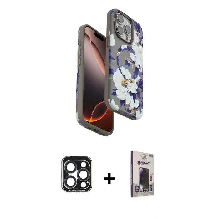 MARSİLYAN™- iPhone 15 Pro Max Kılıf Siluet Doku - Siyah Bilvis Hayalet Cam Ekran Koruyucu + PVD Metal Kamera Lens - LT