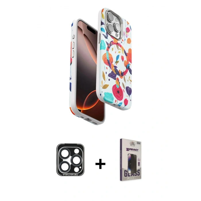 MARSİLYAN™- iPhone 15 Pro Max Kılıf Siluet Doku - Siyah Bilvis Hayalet Cam Ekran Koruyucu + PVD Metal Kamera Lens - LT