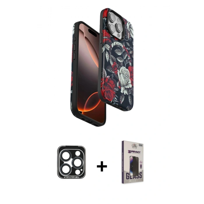 MARSİLYAN™- iPhone 15 Pro Max Kılıf Siluet Doku - Siyah Bilvis Hayalet Cam Ekran Koruyucu + PVD Metal Kamera Lens - LT
