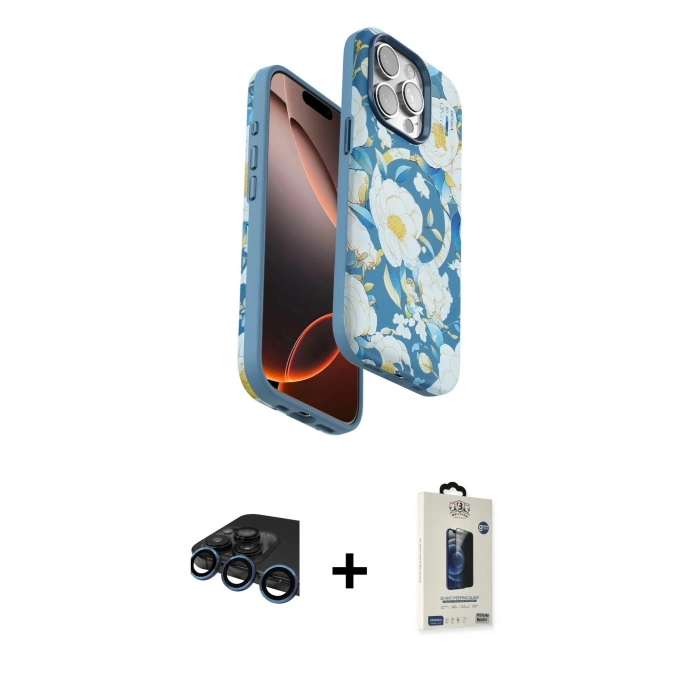 MARSİLYAN™- iPhone 15 Pro Max Kılıf Siluet Doku - Siyah Bilvis Hayalet Cam Ekran Koruyucu + Raze Metal Kamera Lens - LT