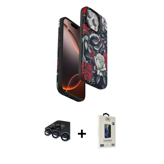 MARSİLYAN™- iPhone 15 Pro Max Kılıf Siluet Doku - Siyah Bilvis Hayalet Cam Ekran Koruyucu + Raze Metal Kamera Lens - LT