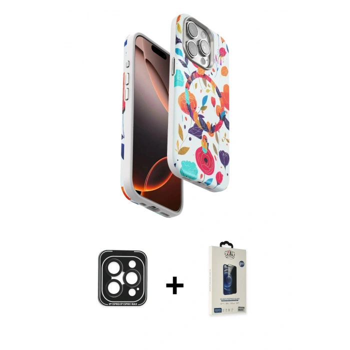 MARSİLYAN™- iPhone 15 Pro Max Kılıf Siluet Doku - Siyah Bilvis Hayalet Cam Ekran Koruyucu + Siyah PVD Metal Kamera Lens