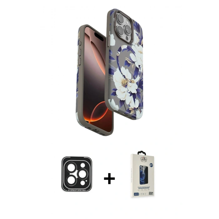 MARSİLYAN™- iPhone 15 Pro Max Kılıf Siluet Doku - Siyah Bilvis Hayalet Cam Ekran Koruyucu + Siyah PVD Metal Kamera Lens
