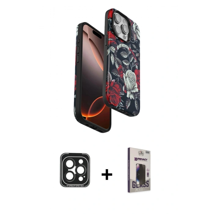 MARSİLYAN™- iPhone 15 Pro Max Kılıf Siluet Doku - Siyah Bilvis Hayalet Cam Ekran Koruyucu + PVD Metal Kamera Lens - SH