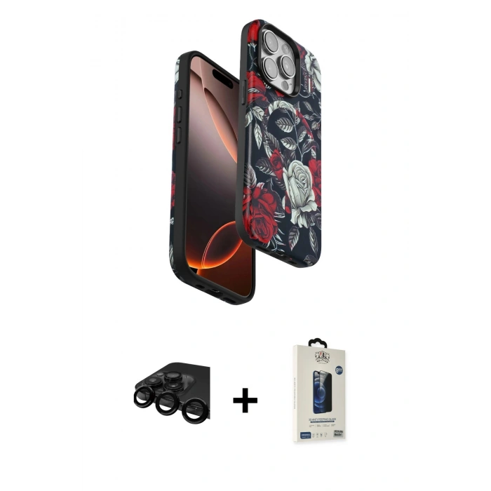MARSİLYAN™- iPhone 15 Pro Max Kılıf Siluet Doku - Siyah Bilvis Hayalet Cam Ekran Koruyucu + Raze Metal Kamera Lens - SH