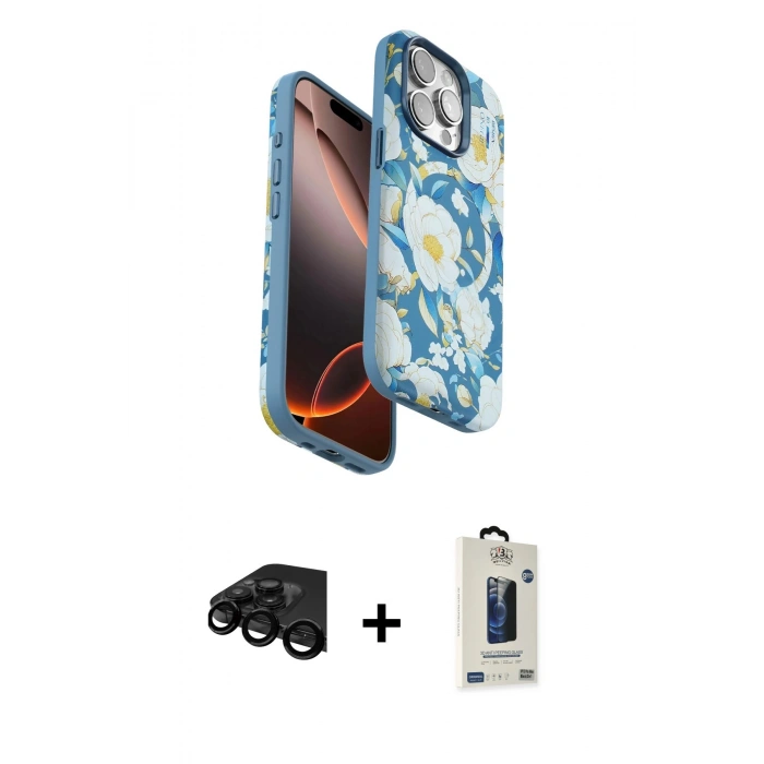 MARSİLYAN™- iPhone 15 Pro Max Kılıf Siluet Doku - Siyah Bilvis Hayalet Cam Ekran Koruyucu + Raze Metal Kamera Lens - SH
