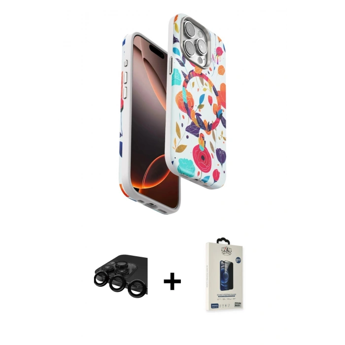 MARSİLYAN™- iPhone 15 Pro Max Kılıf Siluet Doku - Siyah Bilvis Hayalet Cam Ekran Koruyucu + Raze Metal Kamera Lens - SH