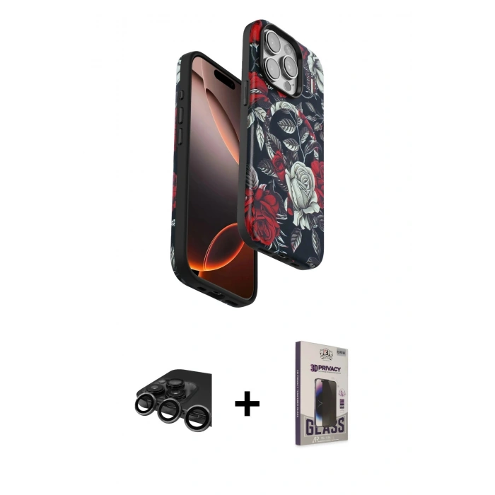 MARSİLYAN™- iPhone 15 Pro Max Kılıf Siluet Doku - Siyah Bilvis Hayalet Cam Ekran Koruyucu + Raze Metal Kamera Lens - TMGI