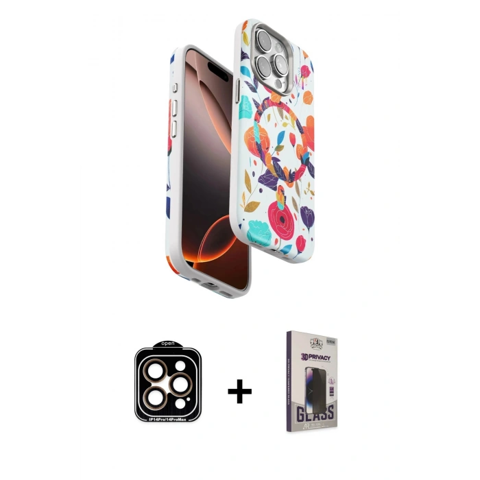 MARSİLYAN™- iPhone 15 Pro Max Kılıf Siluet Doku - Siyah Bilvis Hayalet Cam Ekran Koruyucu + PVD Metal Kamera Lens - TU