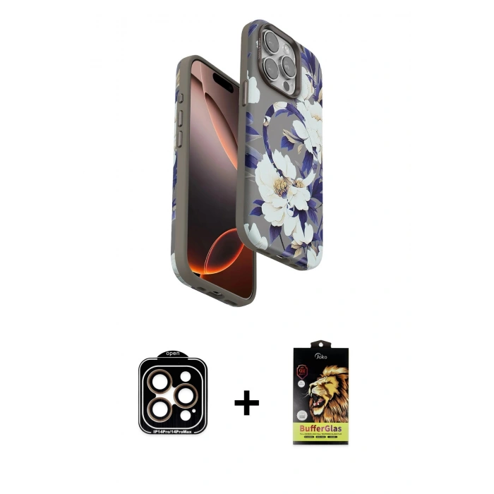 MARSİLYAN™- iPhone 15 Pro Max Kılıf Siluet Doku - Siyah Buffer Cam Ekran Koruyucu + PVD Metal Kamera Lens - TU
