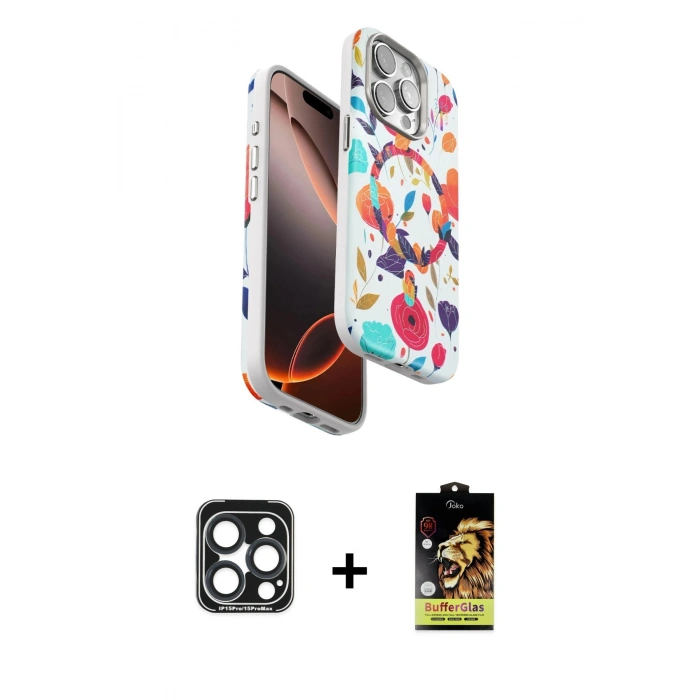 MARSİLYAN™- iPhone 15 Pro Max Kılıf Siluet Doku - Siyah Buffer Cam Ekran Koruyucu + PVD Metal Kamera Lens - LT