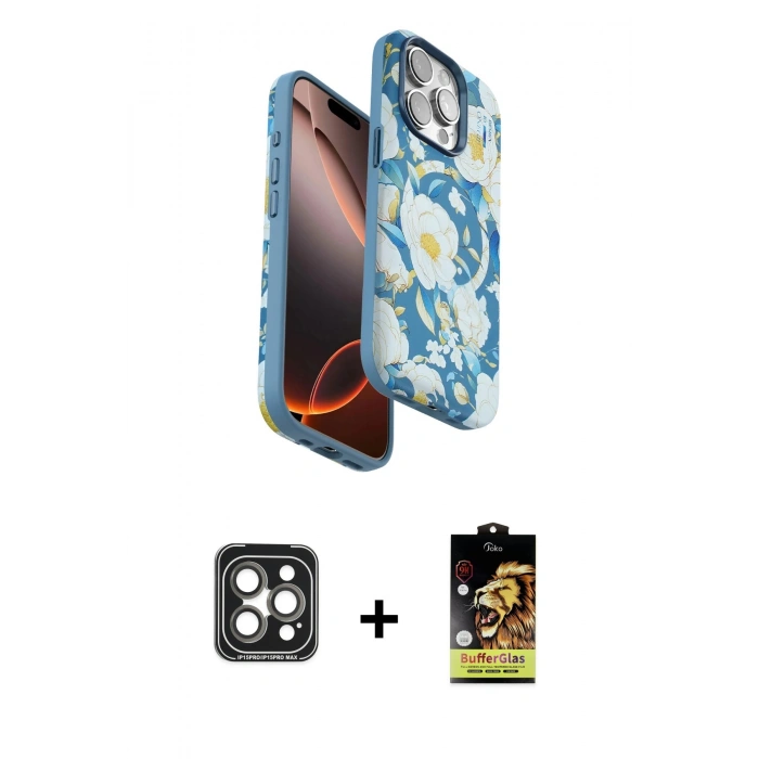 MARSİLYAN™- iPhone 15 Pro Max Kılıf Siluet Doku - Siyah Buffer Cam Ekran Koruyucu + PVD Metal Kamera Lens - GI