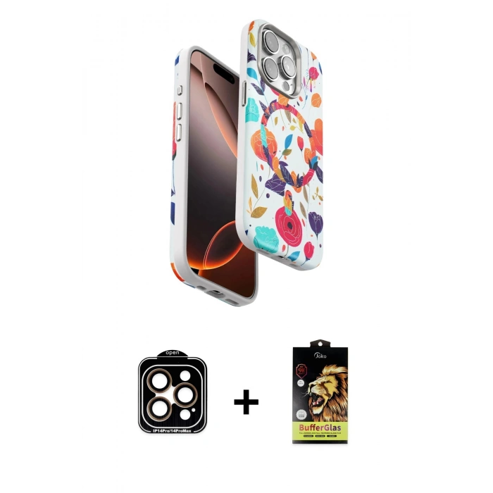 MARSİLYAN™- iPhone 15 Pro Max Kılıf Siluet Doku - Siyah Buffer Cam Ekran Koruyucu + PVD Metal Kamera Lens - TU