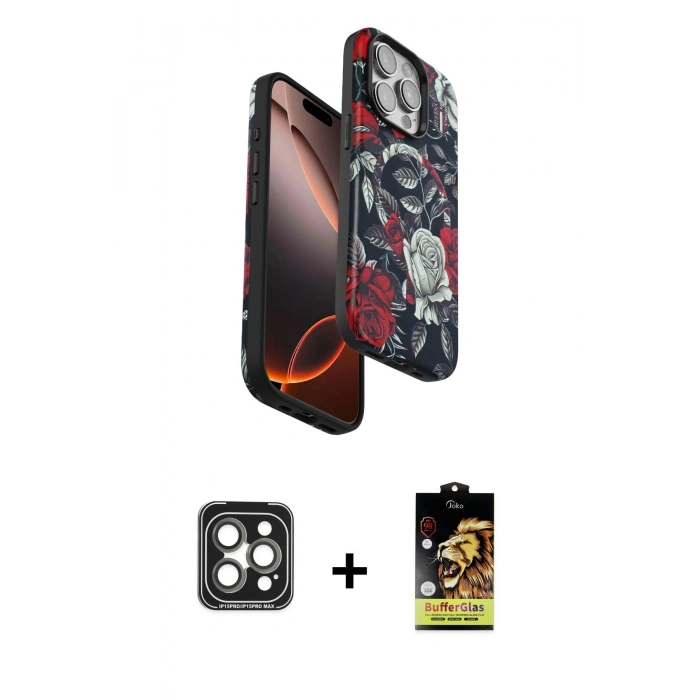 MARSİLYAN™- iPhone 15 Pro Max Kılıf Siluet Doku - Siyah Buffer Cam Ekran Koruyucu + PVD Metal Kamera Lens - GI