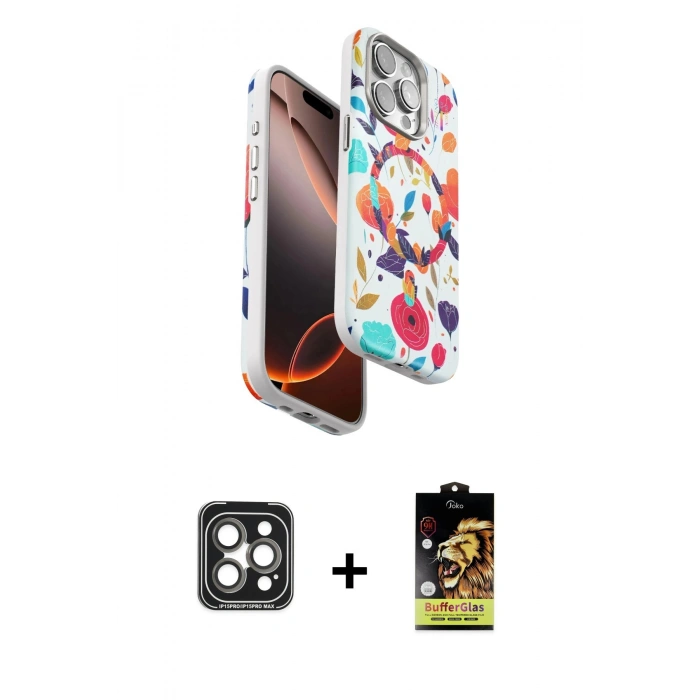 MARSİLYAN™- iPhone 15 Pro Max Kılıf Siluet Doku - Siyah Buffer Cam Ekran Koruyucu + PVD Metal Kamera Lens - GI