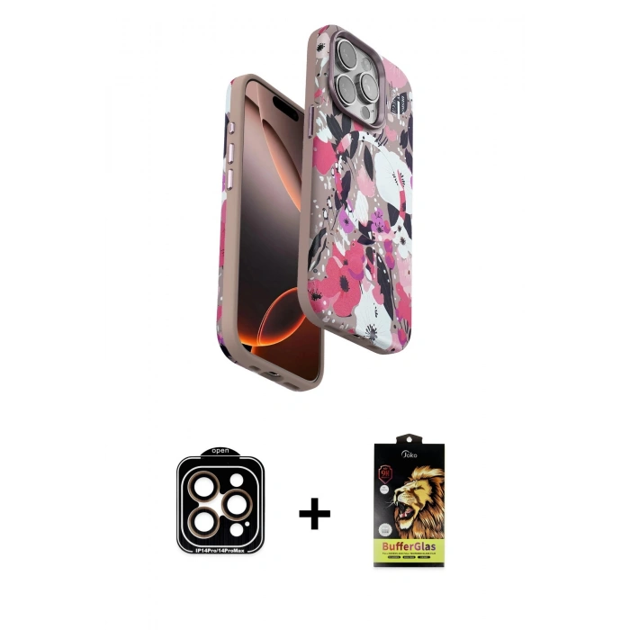 MARSİLYAN™- iPhone 15 Pro Max Kılıf Siluet Doku - Siyah Buffer Cam Ekran Koruyucu + PVD Metal Kamera Lens - TU